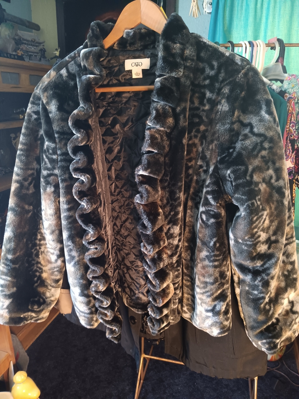 CATO Black Faux-Fur Ruffle-Trim Jacket